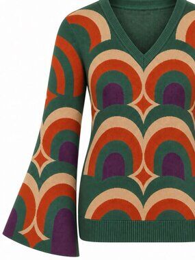 OXKNIT 70's arched geometric jaquared V neck flare sleeves knit sweater